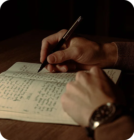 Author writing in a notebook